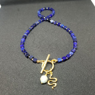 Lapis Lazuli (4mm Square) 18k Gold Filled Necklace with Snake Skin Jasper & Snake Dangle