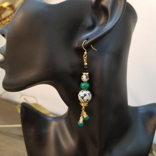 Malachite, Tibetan & Dalmation Earrings with Green Onyx Dangles