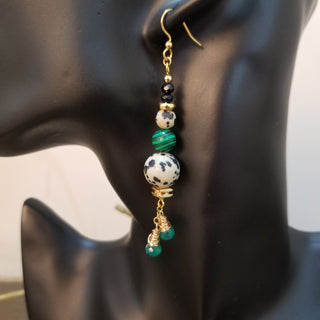 Malachite, Tibetan & Dalmation with Green Onyx Dangles - Necklace, Bracelet and Earring Set