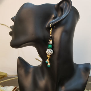 Malachite, Tibetan & Dalmation with Green Onyx Dangles - Necklace, Bracelet and Earring Set