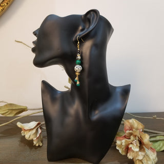 Malachite, Tibetan & Dalmation with Green Onyx Dangles - Necklace, Bracelet and Earring Set