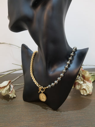 Pyrite, Half Round~Half Gold Filled Chain Toggle Necklace with Coin Eye Protection Charm