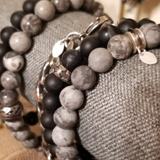 Gray Map Jasper(8mm) Matt Finish SS  Bracelet