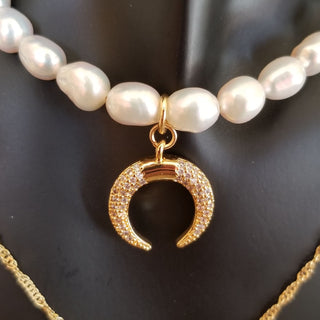 Pearl Gold Filled Adjustable Necklace with CZ Moon Charm