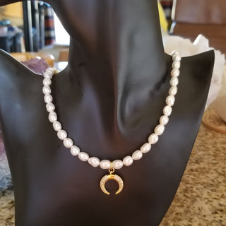 Pearl Gold Filled Adjustable Necklace with CZ Moon Charm