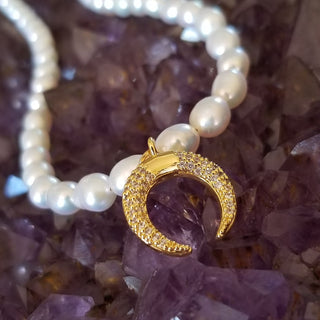 Pearl Gold Filled Adjustable Necklace with CZ Moon Charm