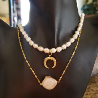 Pearl Gold Filled Adjustable Necklace with CZ Moon Charm