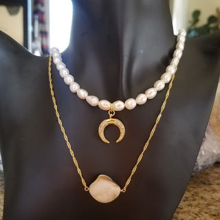 Pearl Gold Filled Adjustable Necklace with CZ Moon Charm