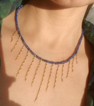 Lapis Lazuli(4mm Faceted)Chain Drop Necklace and Organic Lapis Lazuli 18K Wire Wrap Adjustable Choaker Necklace Set