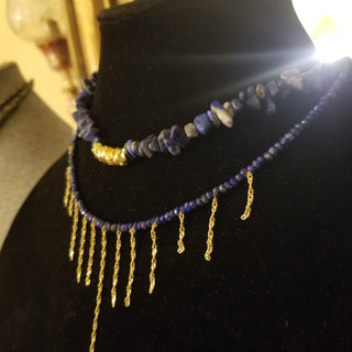 Lapis Lazuli(4mm Faceted)Chain Drop Necklace and Organic Lapis Lazuli 18K Wire Wrap Adjustable Choaker Necklace Set