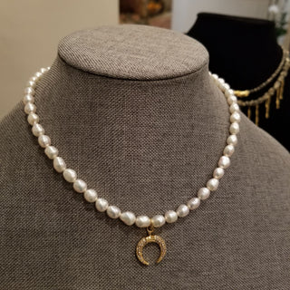 Pearl Gold Filled Adjustable Necklace with CZ Moon Charm