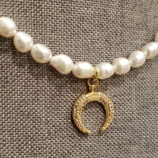 Pearl Gold Filled Adjustable Necklace with CZ Moon Charm