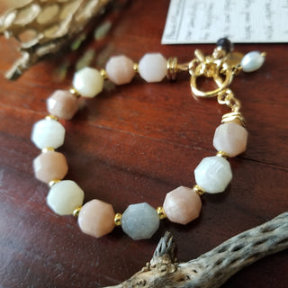 Peach Snstone (Faceted Cylinder) 18K Gold Filled Toggle Bracelet with Smoky Quartz and Pearl Dangles