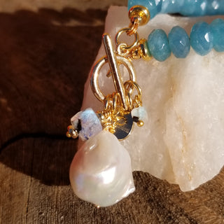 Blue Chalcedony 18K Gold Filled Toggle Bracelet with Pearl Dangle