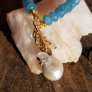 Blue Chalcedony 18K Gold Filled Toggle Bracelet with Pearl Dangle