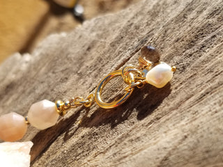 Peach Snstone (Faceted Cylinder) 18K Gold Filled Toggle Bracelet with Smoky Quartz and Pearl Dangles