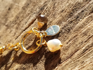 Peach Snstone (Faceted Cylinder) 18K Gold Filled Toggle Bracelet with Smoky Quartz and Pearl Dangles