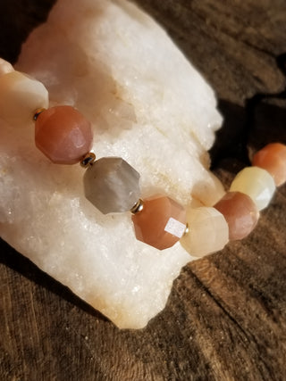 Peach Snstone (Faceted Cylinder) 18K Gold Filled Toggle Bracelet with Smoky Quartz and Pearl Dangles