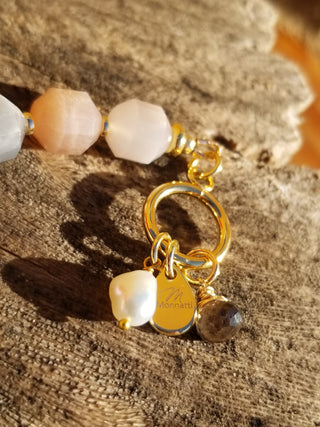 Peach Snstone (Faceted Cylinder) 18K Gold Filled Toggle Bracelet with Smoky Quartz and Pearl Dangles