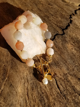 Peach Snstone (Faceted Cylinder) 18K Gold Filled Toggle Bracelet with Smoky Quartz and Pearl Dangles