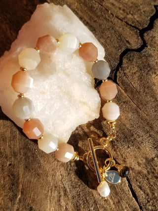 Peach Snstone (Faceted Cylinder) 18K Gold Filled Toggle Bracelet with Smoky Quartz and Pearl Dangles