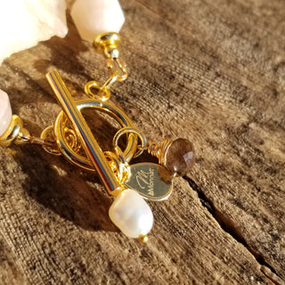 Peach Snstone (Faceted Cylinder) 18K Gold Filled Toggle Bracelet with Smoky Quartz and Pearl Dangles