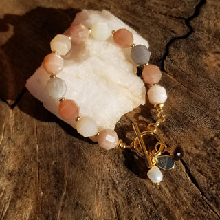 Peach Snstone (Faceted Cylinder) 18K Gold Filled Toggle Bracelet with Smoky Quartz and Pearl Dangles