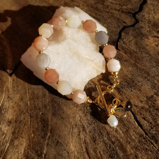 Peach Snstone (Faceted Cylinder) 18K Gold Filled Toggle Bracelet with Smoky Quartz and Pearl Dangles