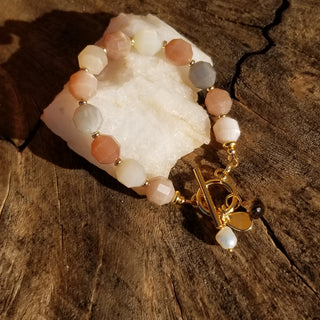 Peach Snstone (Faceted Cylinder) 18K Gold Filled Toggle Bracelet with Smoky Quartz and Pearl Dangles