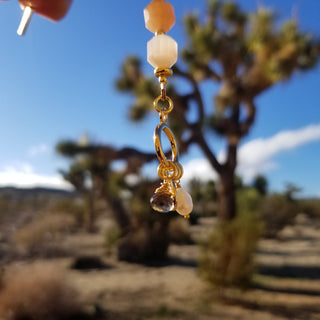 Peach Snstone (Faceted Cylinder) 18K Gold Filled Toggle Bracelet with Smoky Quartz and Pearl Dangles