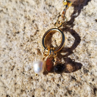 Peach Snstone (Faceted Cylinder) 18K Gold Filled Toggle Bracelet with Smoky Quartz and Pearl Dangles