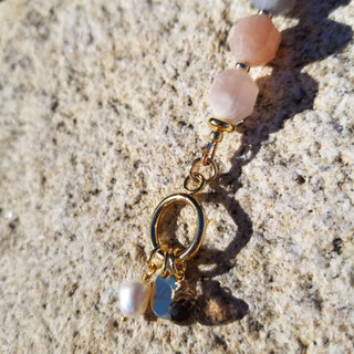 Peach Snstone (Faceted Cylinder) 18K Gold Filled Toggle Bracelet with Smoky Quartz and Pearl Dangles