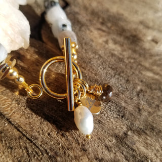 White & Black Moonstone (7mm Faceted Squarer) 18k Gold Plated with Pearl Dangle