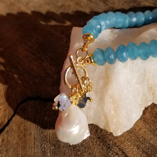 Blue Chalcedony 18K Gold Filled Toggle Bracelet with Pearl Dangle