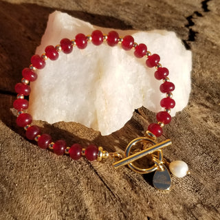 Garnet Gold Filled Toggle Bracelet with Pearl Dangle