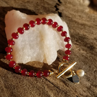 Garnet Gold Filled Toggle Bracelet with Pearl Dangle