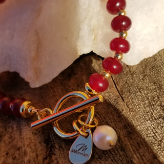 Garnet Gold Filled Toggle Bracelet with Pearl Dangle