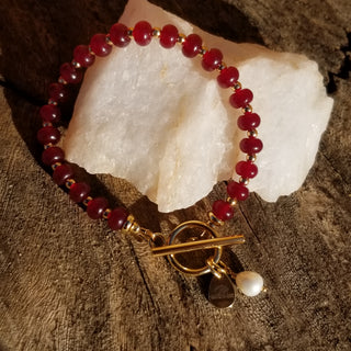 Garnet Gold Filled Toggle Bracelet with Pearl Dangle