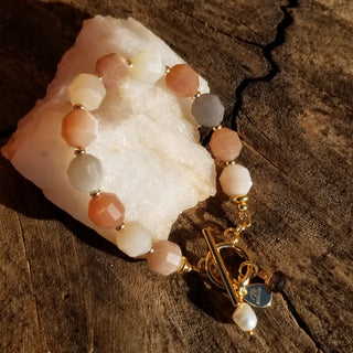 Peach Snstone (Faceted Cylinder) 18K Gold Filled Toggle Bracelet with Smoky Quartz and Pearl Dangles