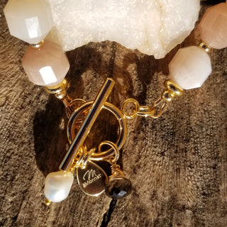 Peach Snstone (Faceted Cylinder) 18K Gold Filled Toggle Bracelet with Smoky Quartz and Pearl Dangles