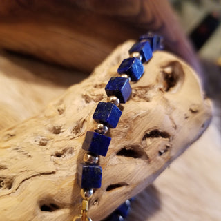 Lapis Lazuli (Square) 18K Gold Filled (6mm) Toggle Bracelet with Snake Skin Jasper Dangle