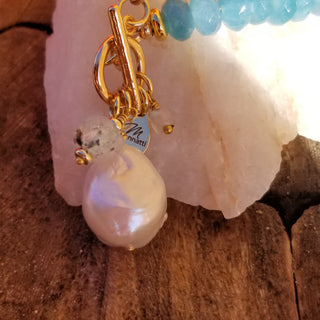 Blue Chalcedony 18K Gold Filled Toggle Bracelet with Pearl Dangle