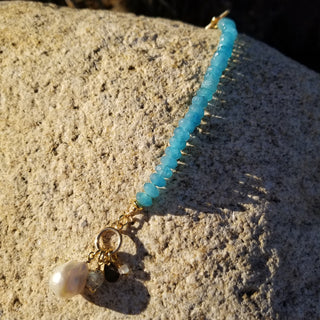 Blue Chalcedony 18K Gold Filled Toggle Bracelet with Pearl Dangle