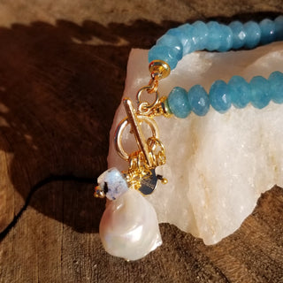 Blue Chalcedony 18K Gold Filled Toggle Bracelet with Pearl Dangle