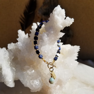 Lapis Lazuli (Square) 18K Gold Filled (6mm) Toggle Bracelet with Snake Skin Jasper Dangle