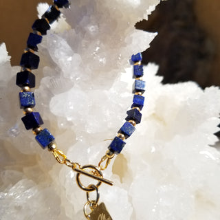 Lapis Lazuli (Square) 18K Gold Filled (6mm) Toggle Bracelet with Snake Skin Jasper Dangle