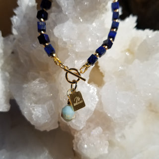 Lapis Lazuli (Square) 18K Gold Filled (6mm) Toggle Bracelet with Snake Skin Jasper Dangle