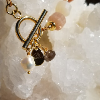 Peach Snstone (Faceted Cylinder) 18K Gold Filled Toggle Bracelet with Smoky Quartz and Pearl Dangles