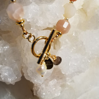 Peach Snstone (Faceted Cylinder) 18K Gold Filled Toggle Bracelet with Smoky Quartz and Pearl Dangles