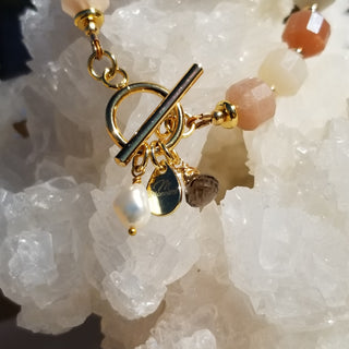 Peach Snstone (Faceted Cylinder) 18K Gold Filled Toggle Bracelet with Smoky Quartz and Pearl Dangles